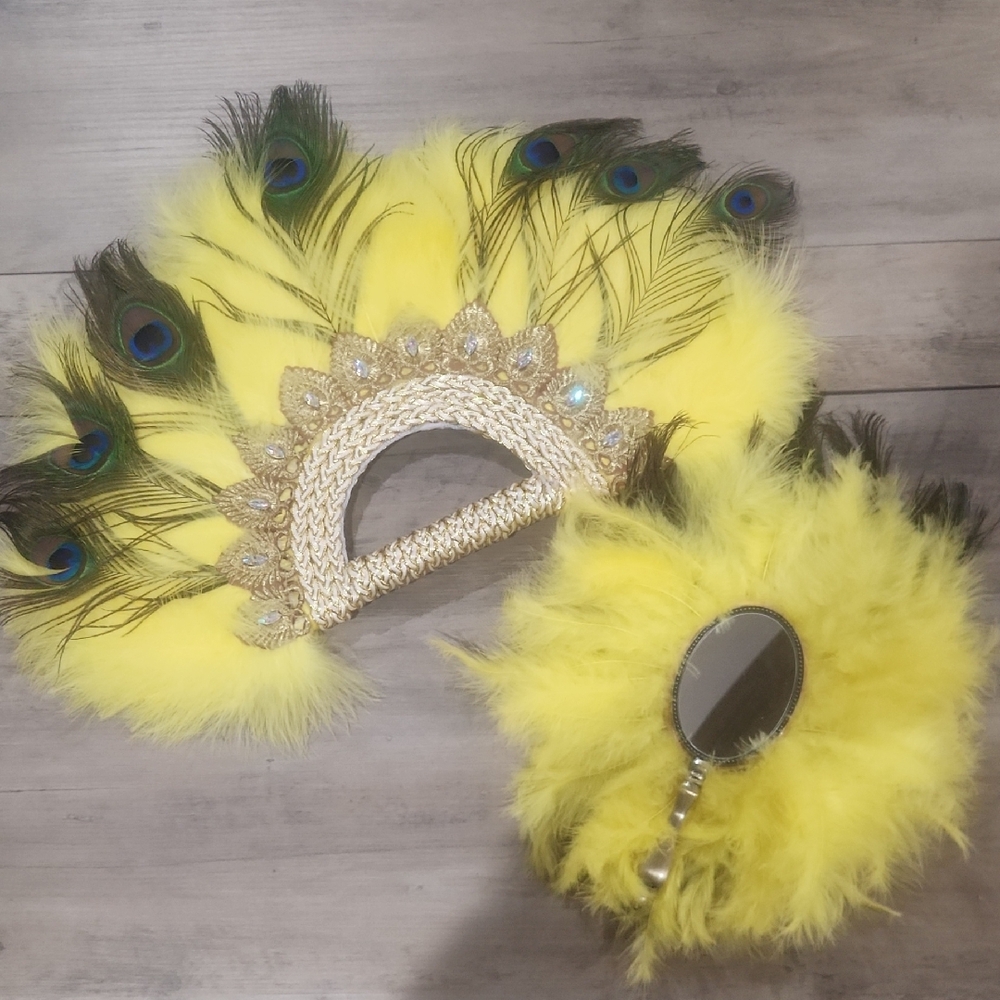 Oshun Yellow Feather Peacock Fan and Hand Mirror Set
